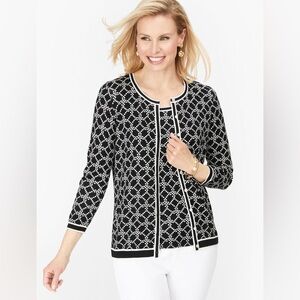 Talbots Black & White Geo Pearl Charming 3/4 Sleeve Button Front Cardigan XL